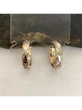 1/10 14K AU Gold Sterling Silver 925 Etched X Pattern Wide Hollow Hoop Earrings